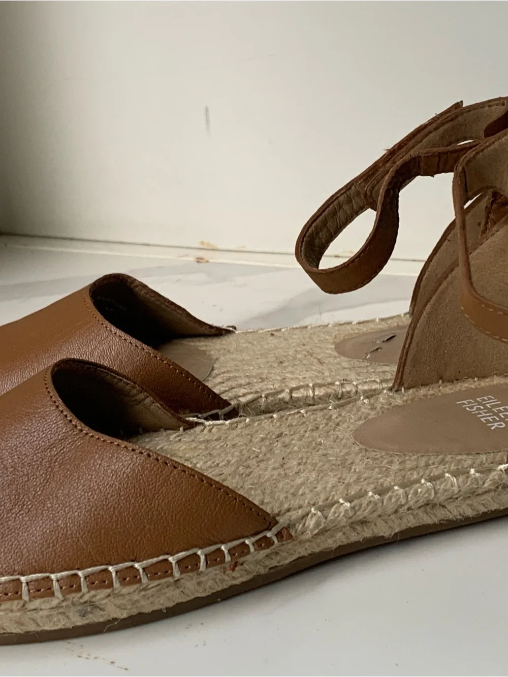 Eileen Fisher Brown Leather Espadrille Ankle-Strap Sandals